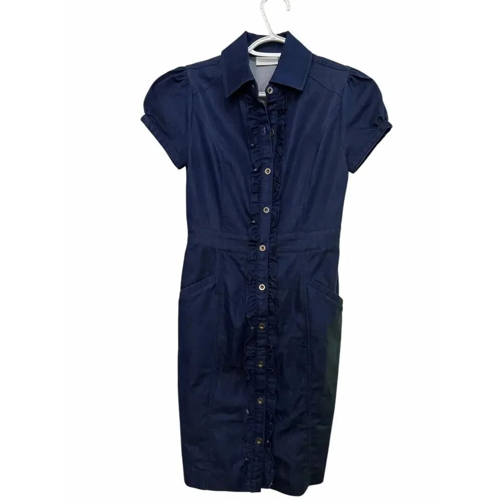 New York & Company Womens Dress XS Blue Denim Style Button Up Cap Sleeve Collar